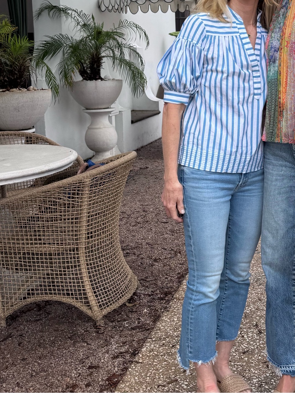 Anthropologie Blue and White Striped Puff-Sleeve Blouse